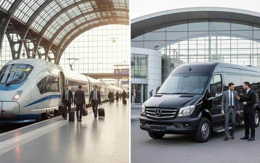 Flughafentransfer für Geschäftsreisen: Bahn vs. VIP-Bus mit Fahrer mieten im Vergleich